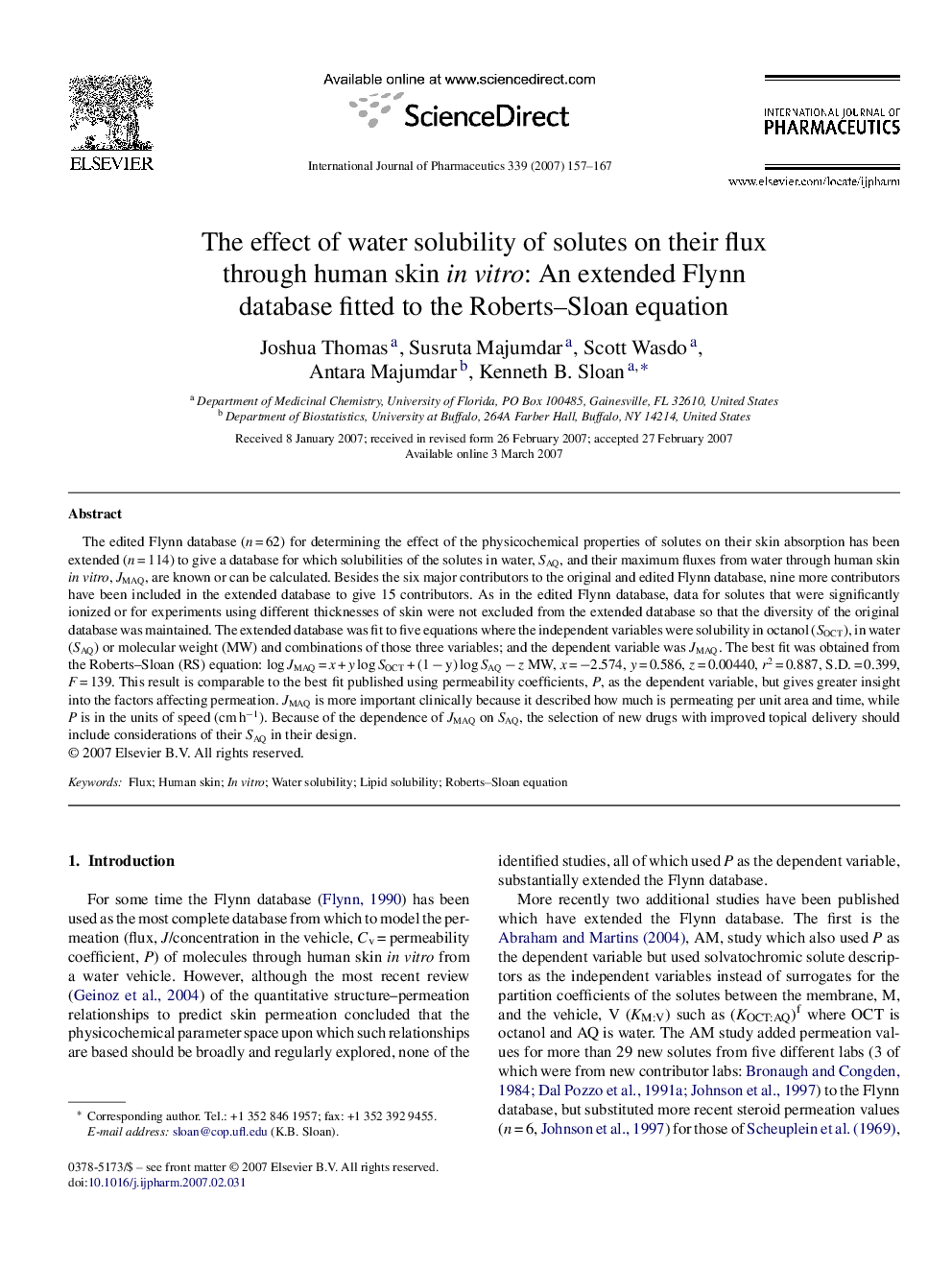 The effect of water solubility of solutes on their flux through human skin in vitro: An extended Flynn database fitted to the Roberts–Sloan equation