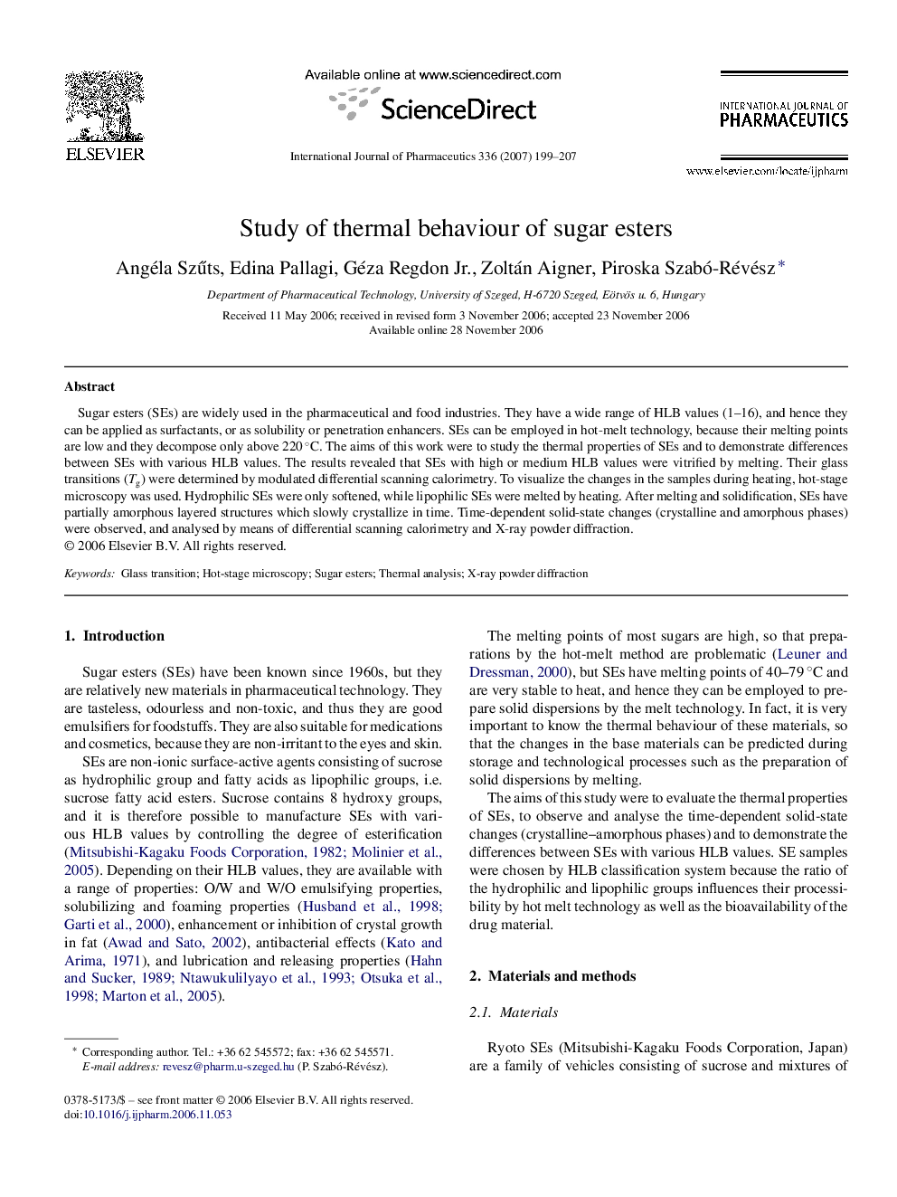 Study of thermal behaviour of sugar esters