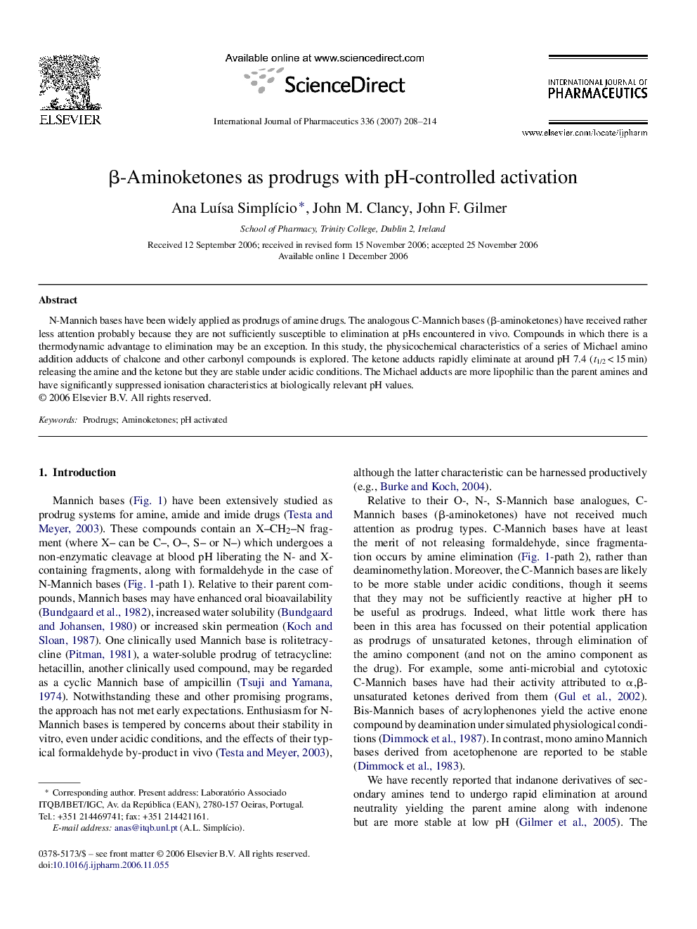 β-Aminoketones as prodrugs with pH-controlled activation