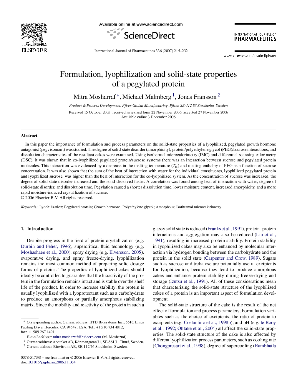 Formulation, lyophilization and solid-state properties of a pegylated protein