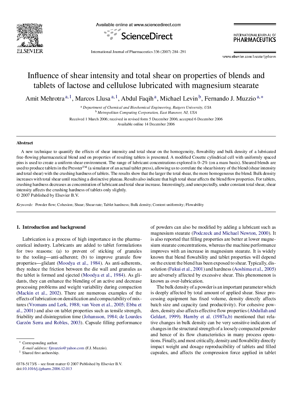 Influence of shear intensity and total shear on properties of blends and tablets of lactose and cellulose lubricated with magnesium stearate