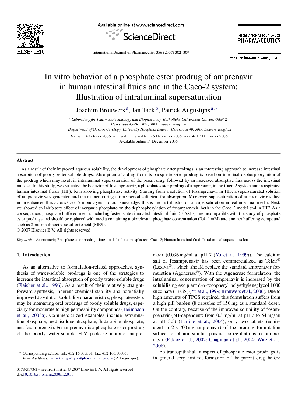 In vitro behavior of a phosphate ester prodrug of amprenavir in human intestinal fluids and in the Caco-2 system: Illustration of intraluminal supersaturation