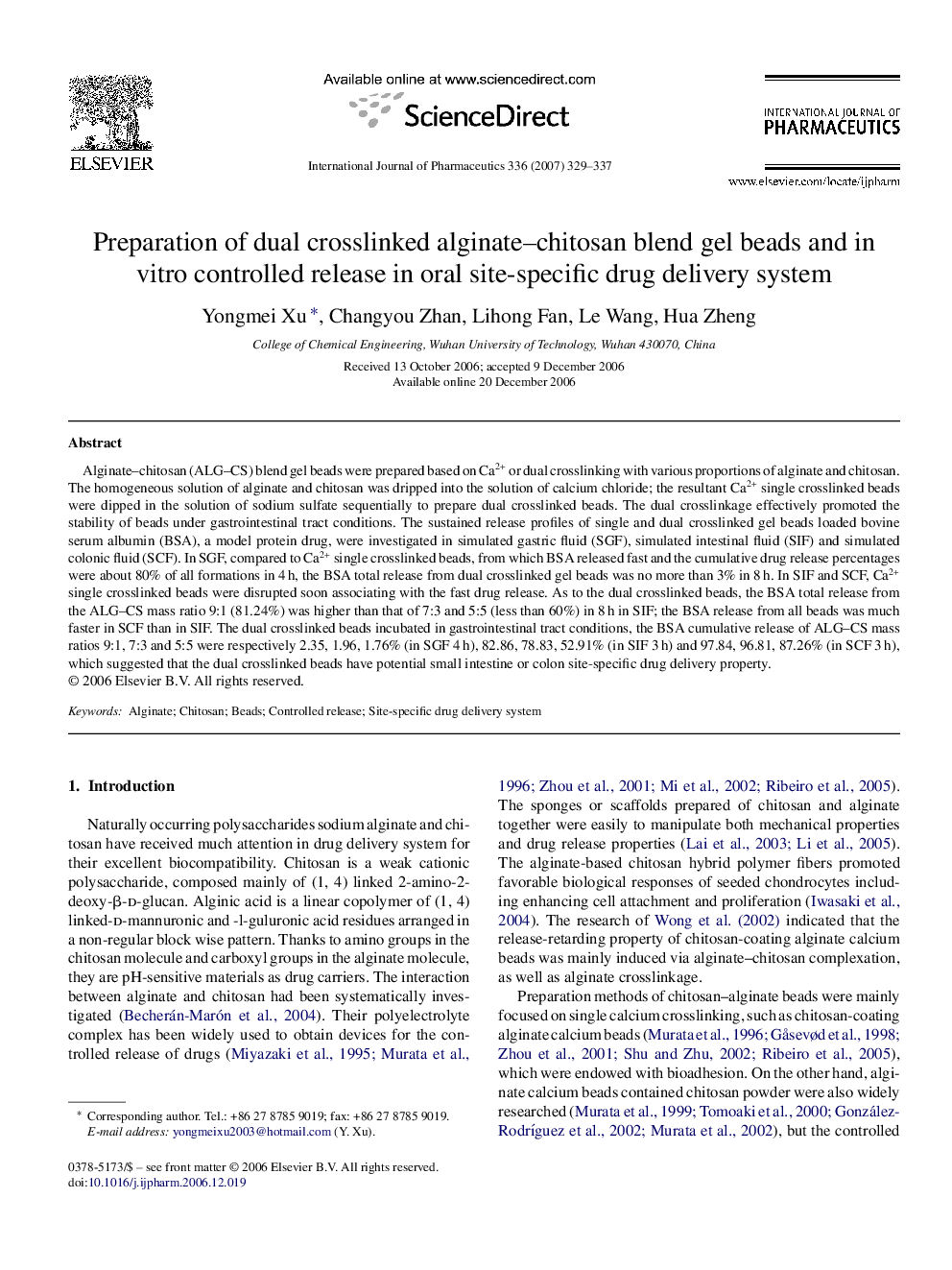 Preparation of dual crosslinked alginate–chitosan blend gel beads and in vitro controlled release in oral site-specific drug delivery system