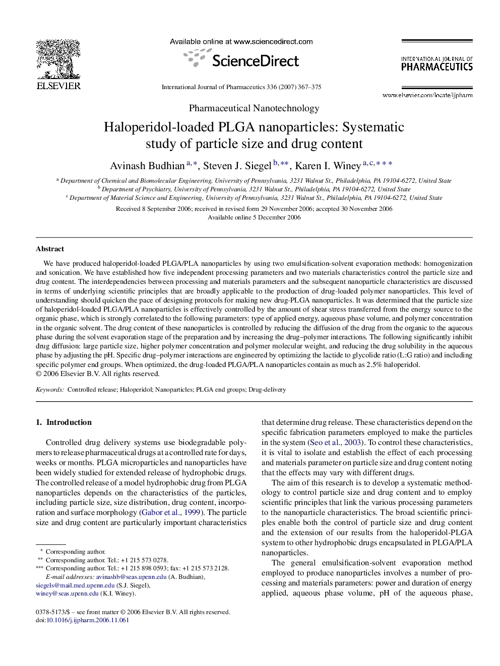 Haloperidol-loaded PLGA nanoparticles: Systematic study of particle size and drug content