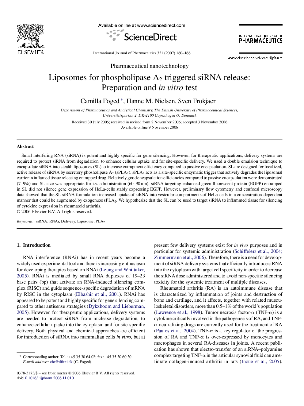 Liposomes for phospholipase A2 triggered siRNA release: Preparation and in vitro test