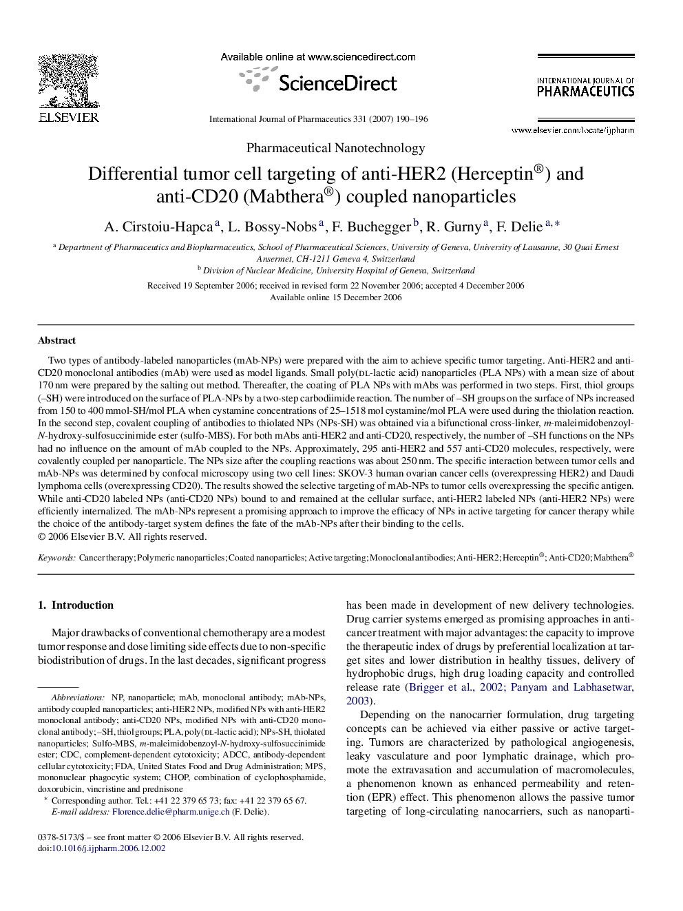 Differential tumor cell targeting of anti-HER2 (Herceptin®) and anti-CD20 (Mabthera®) coupled nanoparticles