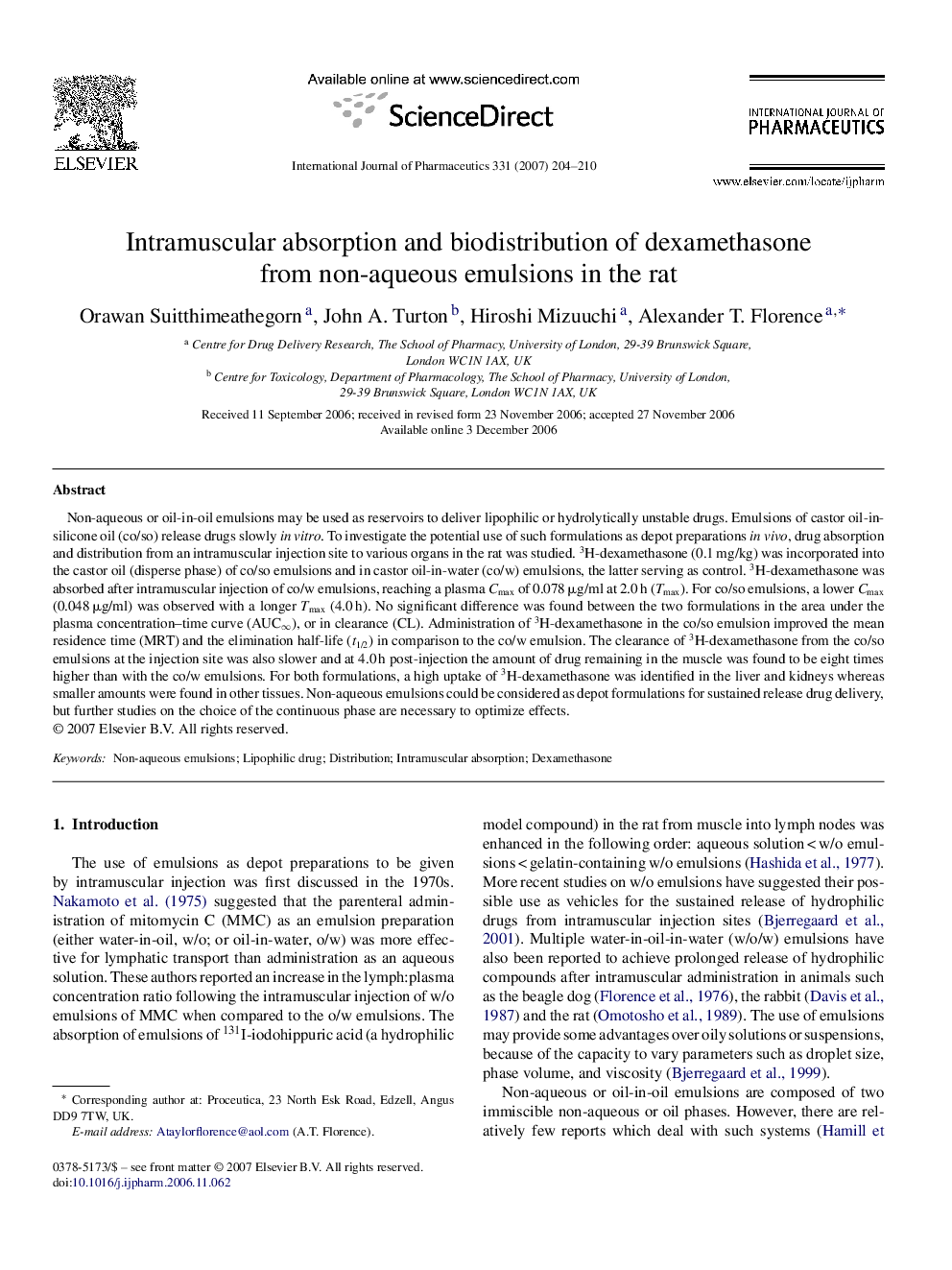 Intramuscular absorption and biodistribution of dexamethasone from non-aqueous emulsions in the rat