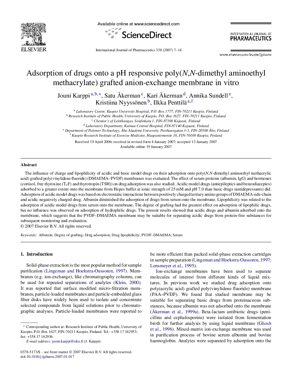 Adsorption of drugs onto a pH responsive poly(N,N-dimethyl aminoethyl methacrylate) grafted anion-exchange membrane in vitro