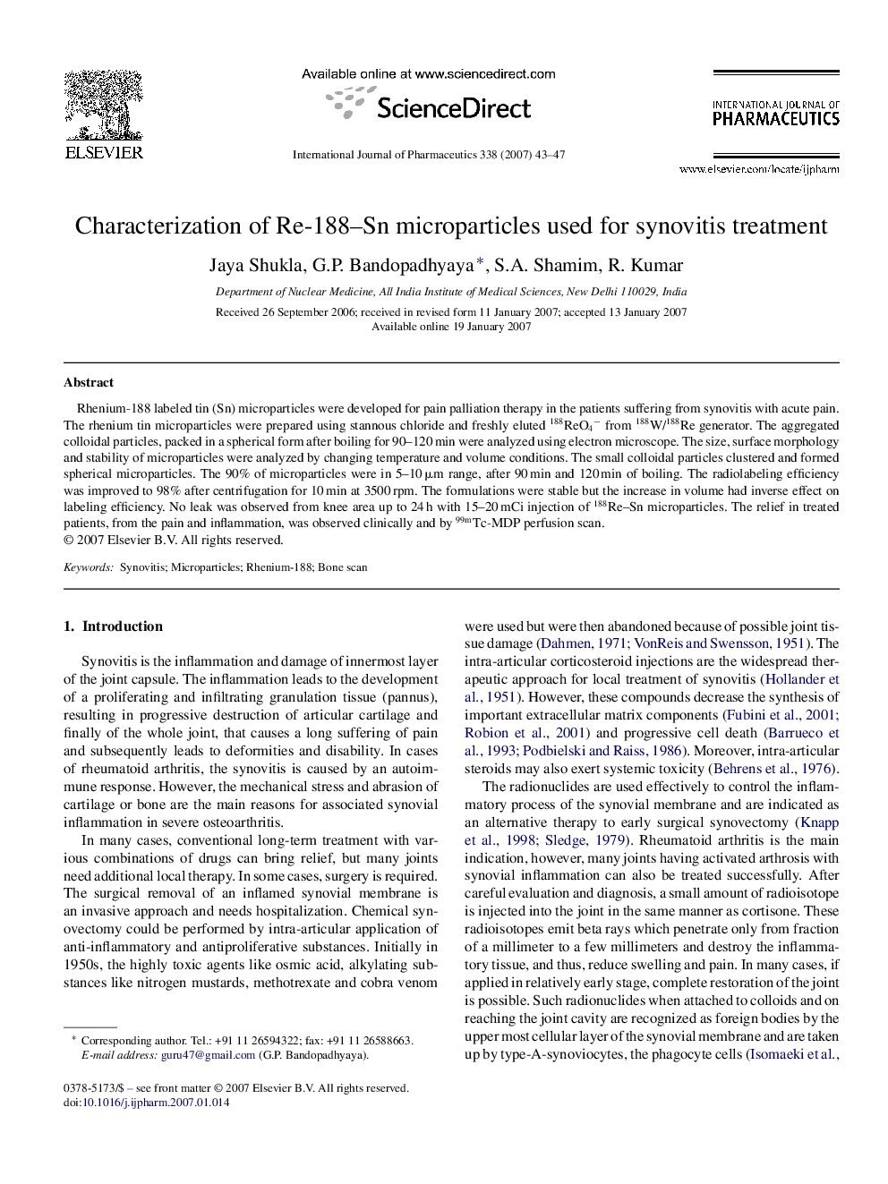 Characterization of Re-188–Sn microparticles used for synovitis treatment