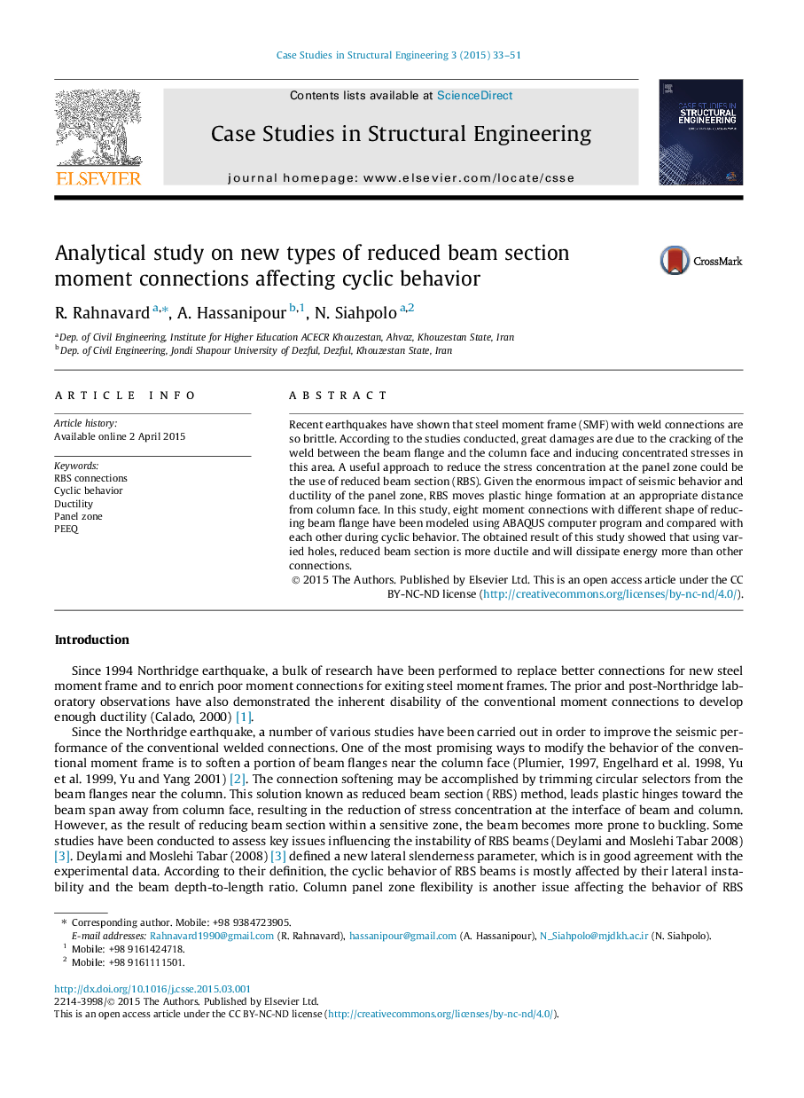 Analytical study on new types of reduced beam section moment connections affecting cyclic behavior