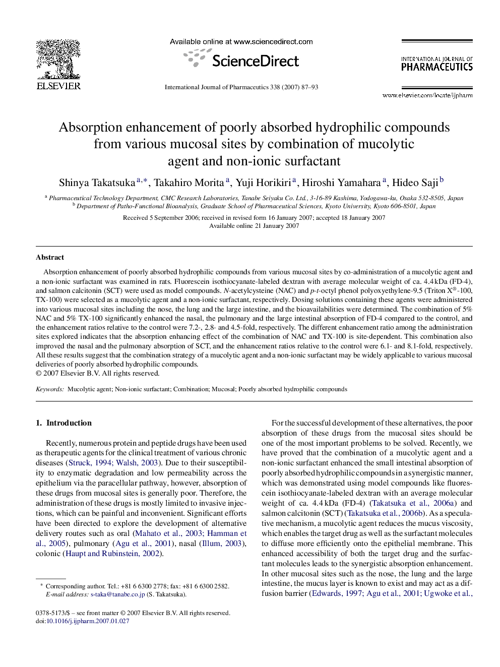 Absorption enhancement of poorly absorbed hydrophilic compounds from various mucosal sites by combination of mucolytic agent and non-ionic surfactant