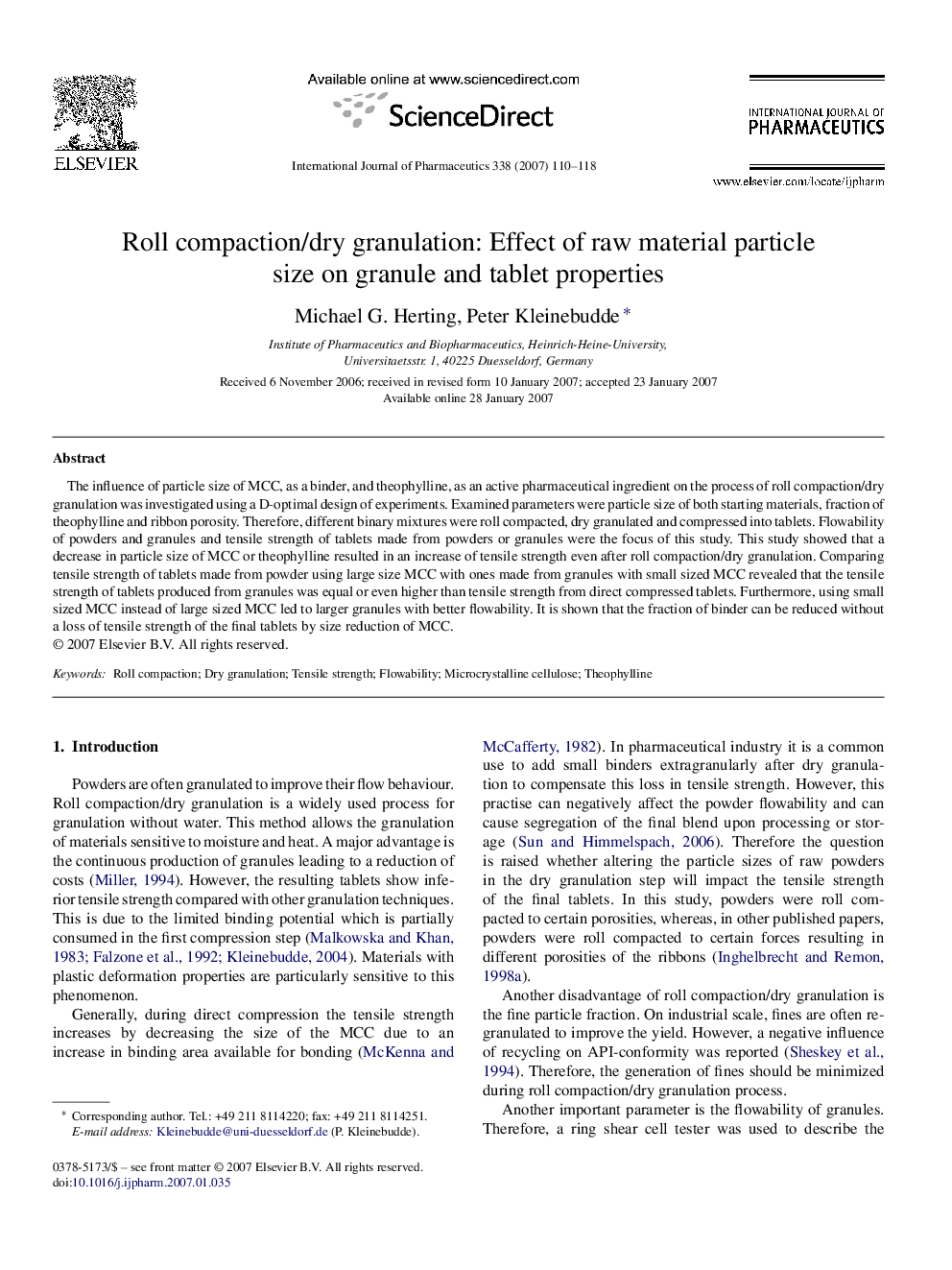 عکس صفحه اول مقاله: Roll compaction/dry granulation: Effect of raw material particle size on granule and tablet properties Roll compaction/dry granulation: Effect of raw material particle size on granule and tablet properties