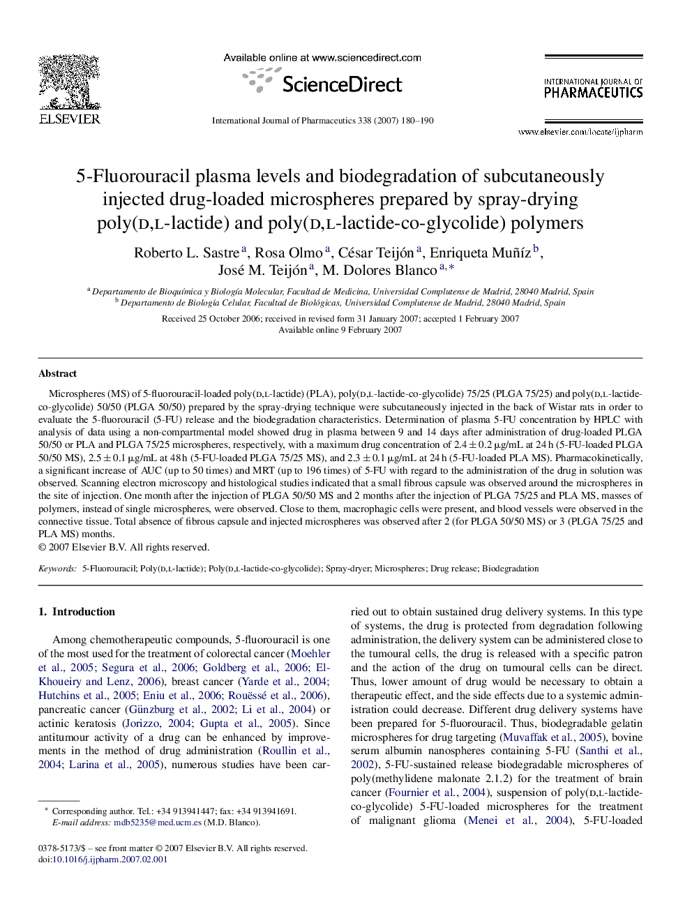 5-Fluorouracil plasma levels and biodegradation of subcutaneously injected drug-loaded microspheres prepared by spray-drying poly(d,l-lactide) and poly(d,l-lactide-co-glycolide) polymers