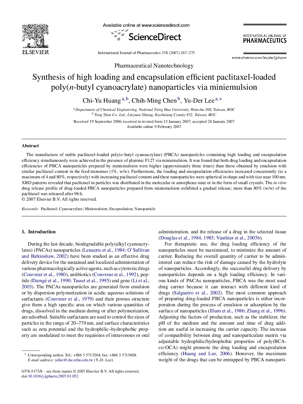 Synthesis of high loading and encapsulation efficient paclitaxel-loaded poly(n-butyl cyanoacrylate) nanoparticles via miniemulsion