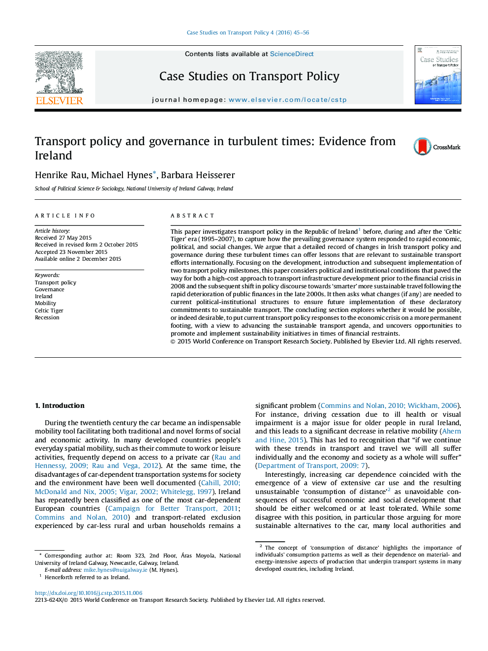 Transport policy and governance in turbulent times: Evidence from Ireland