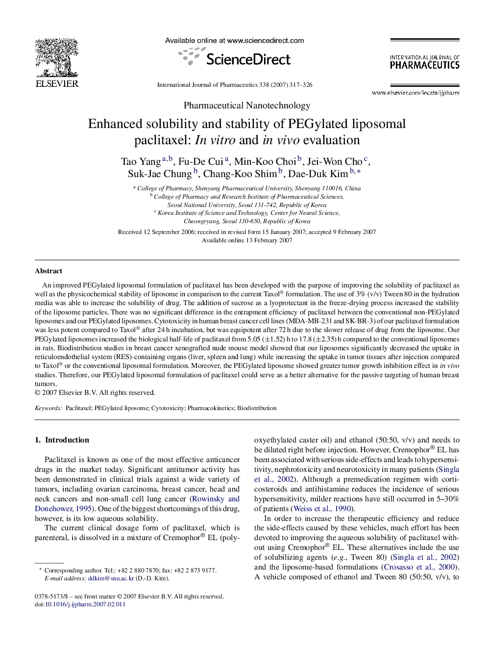 Enhanced solubility and stability of PEGylated liposomal paclitaxel: In vitro and in vivo evaluation