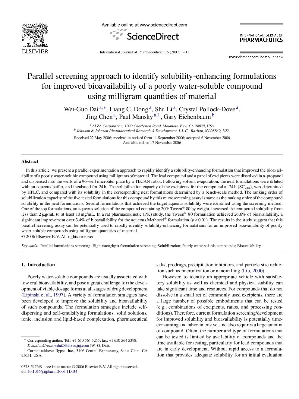 Parallel screening approach to identify solubility-enhancing formulations for improved bioavailability of a poorly water-soluble compound using milligram quantities of material