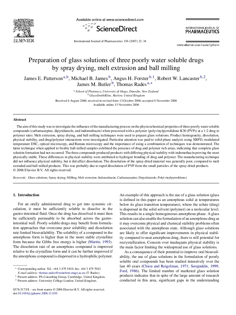 Preparation of glass solutions of three poorly water soluble drugs by spray drying, melt extrusion and ball milling