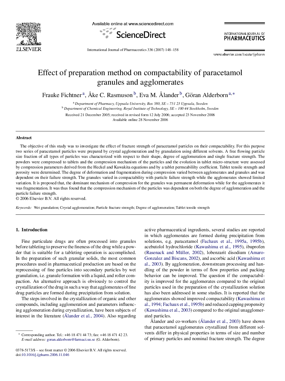 Effect of preparation method on compactability of paracetamol granules and agglomerates