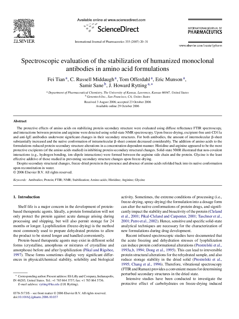 Spectroscopic evaluation of the stabilization of humanized monoclonal antibodies in amino acid formulations