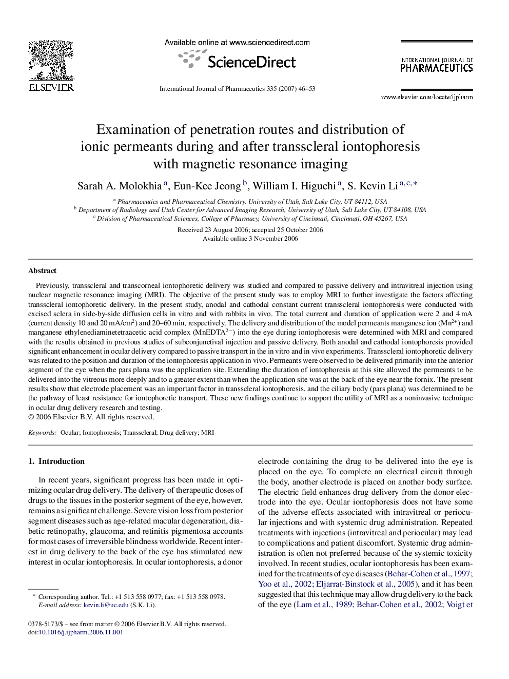 Examination of penetration routes and distribution of ionic permeants during and after transscleral iontophoresis with magnetic resonance imaging