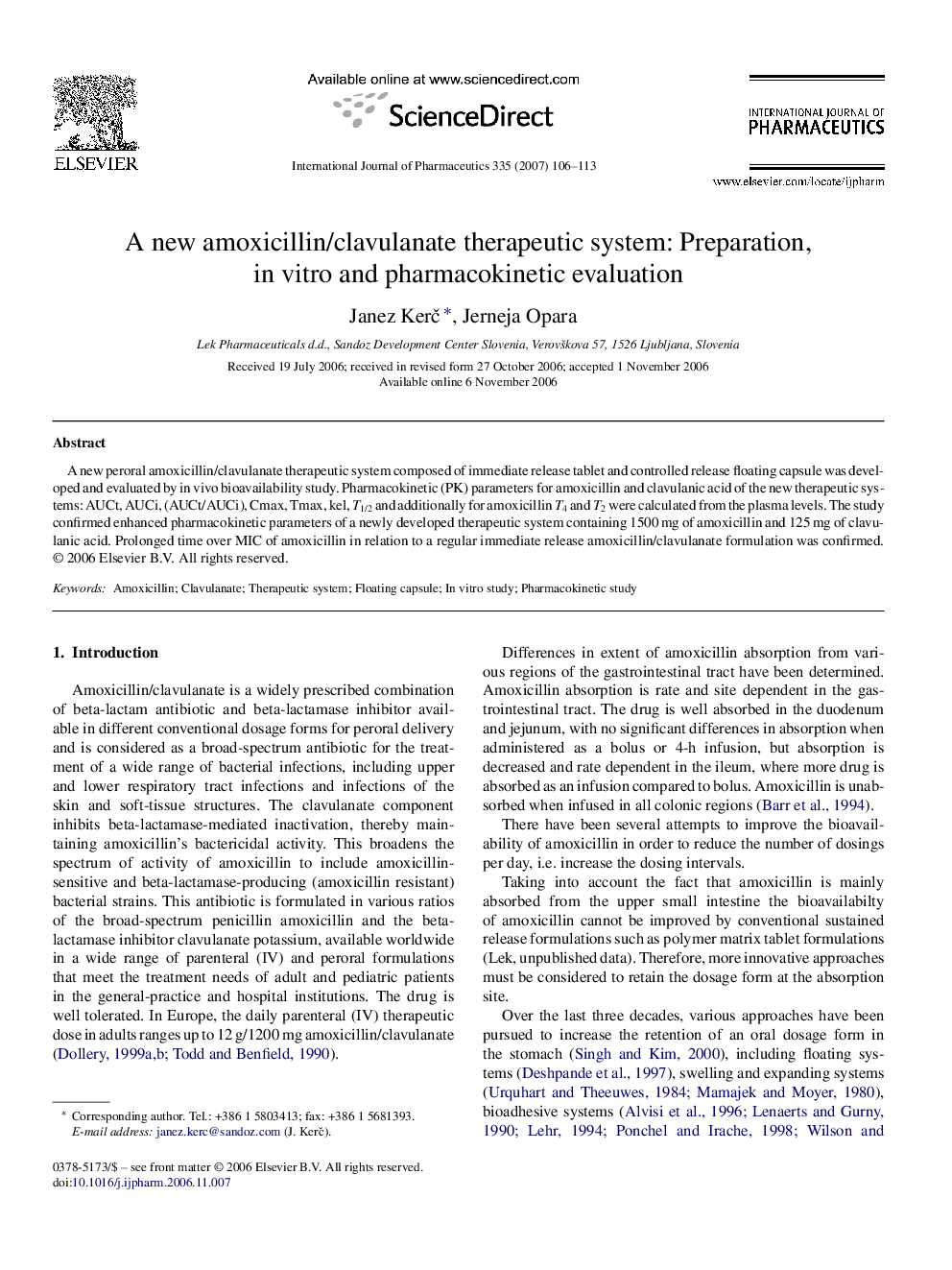 A new amoxicillin/clavulanate therapeutic system: Preparation, in vitro and pharmacokinetic evaluation