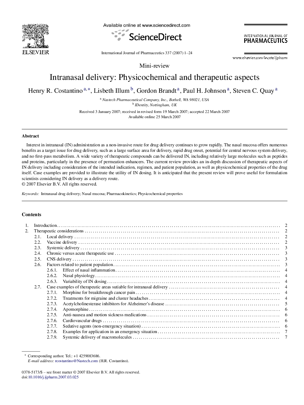 Intranasal delivery: Physicochemical and therapeutic aspects