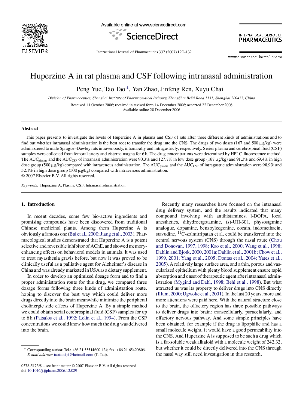 Huperzine A in rat plasma and CSF following intranasal administration