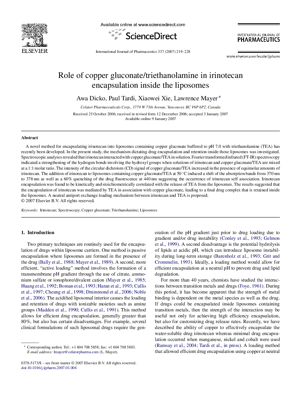 Role of copper gluconate/triethanolamine in irinotecan encapsulation inside the liposomes