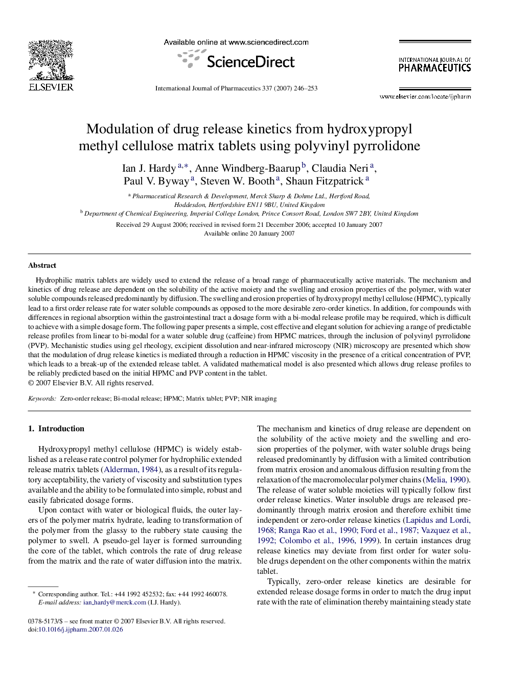 Modulation of drug release kinetics from hydroxypropyl methyl cellulose matrix tablets using polyvinyl pyrrolidone