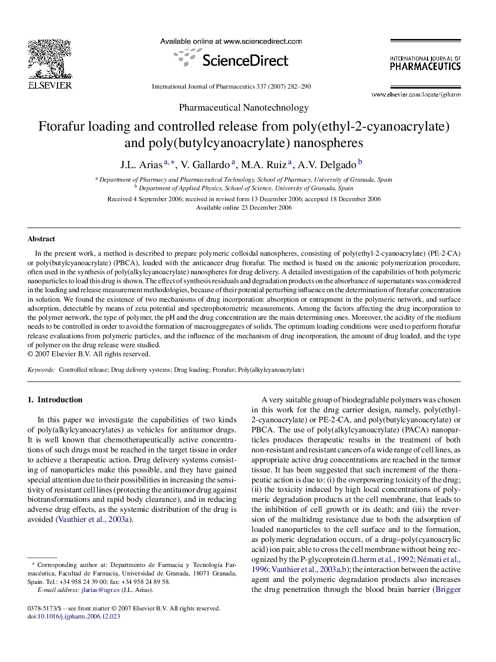 Ftorafur loading and controlled release from poly(ethyl-2-cyanoacrylate) and poly(butylcyanoacrylate) nanospheres