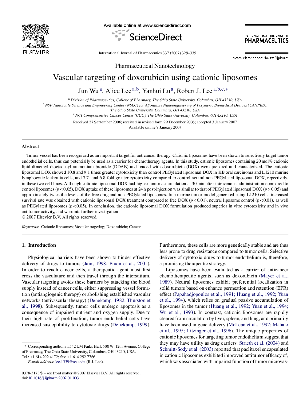 Vascular targeting of doxorubicin using cationic liposomes