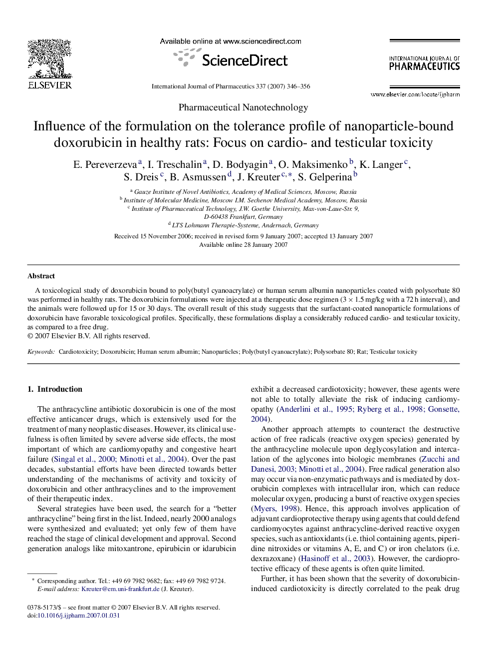 Influence of the formulation on the tolerance profile of nanoparticle-bound doxorubicin in healthy rats: Focus on cardio- and testicular toxicity