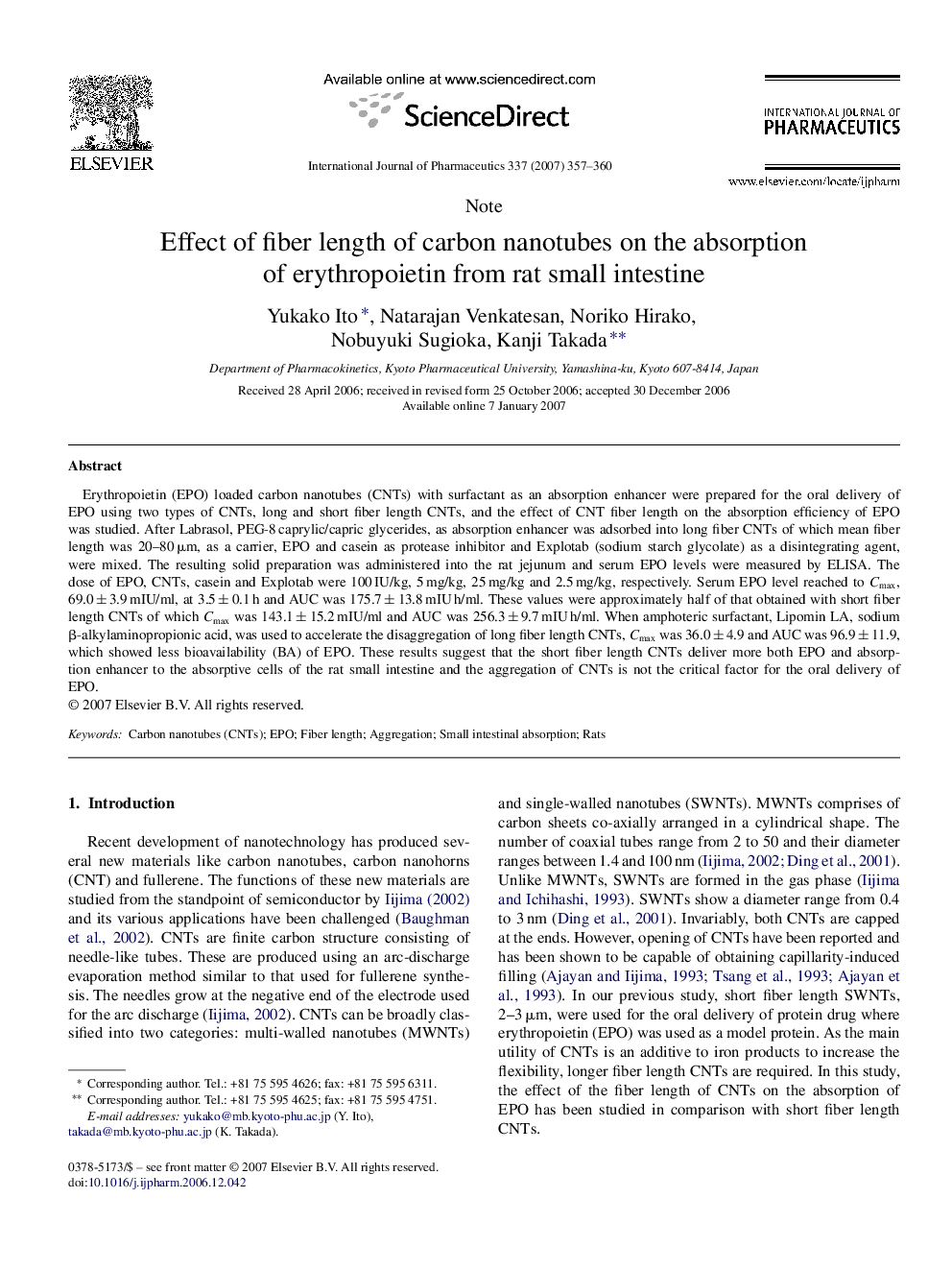 Effect of fiber length of carbon nanotubes on the absorption of erythropoietin from rat small intestine