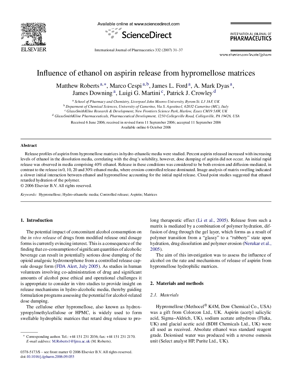 Influence of ethanol on aspirin release from hypromellose matrices