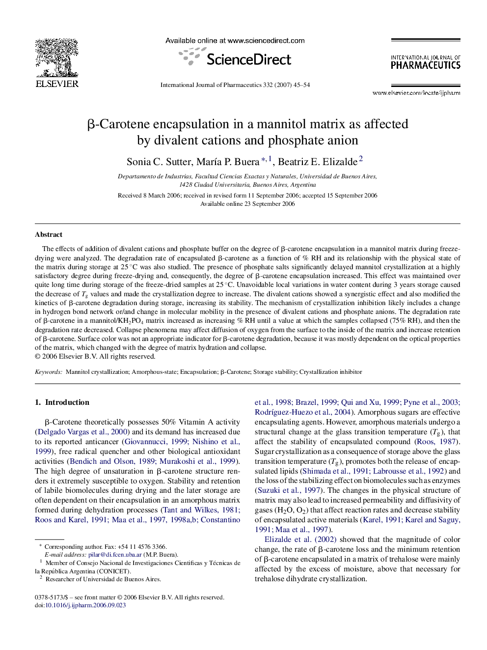 β-Carotene encapsulation in a mannitol matrix as affected by divalent cations and phosphate anion