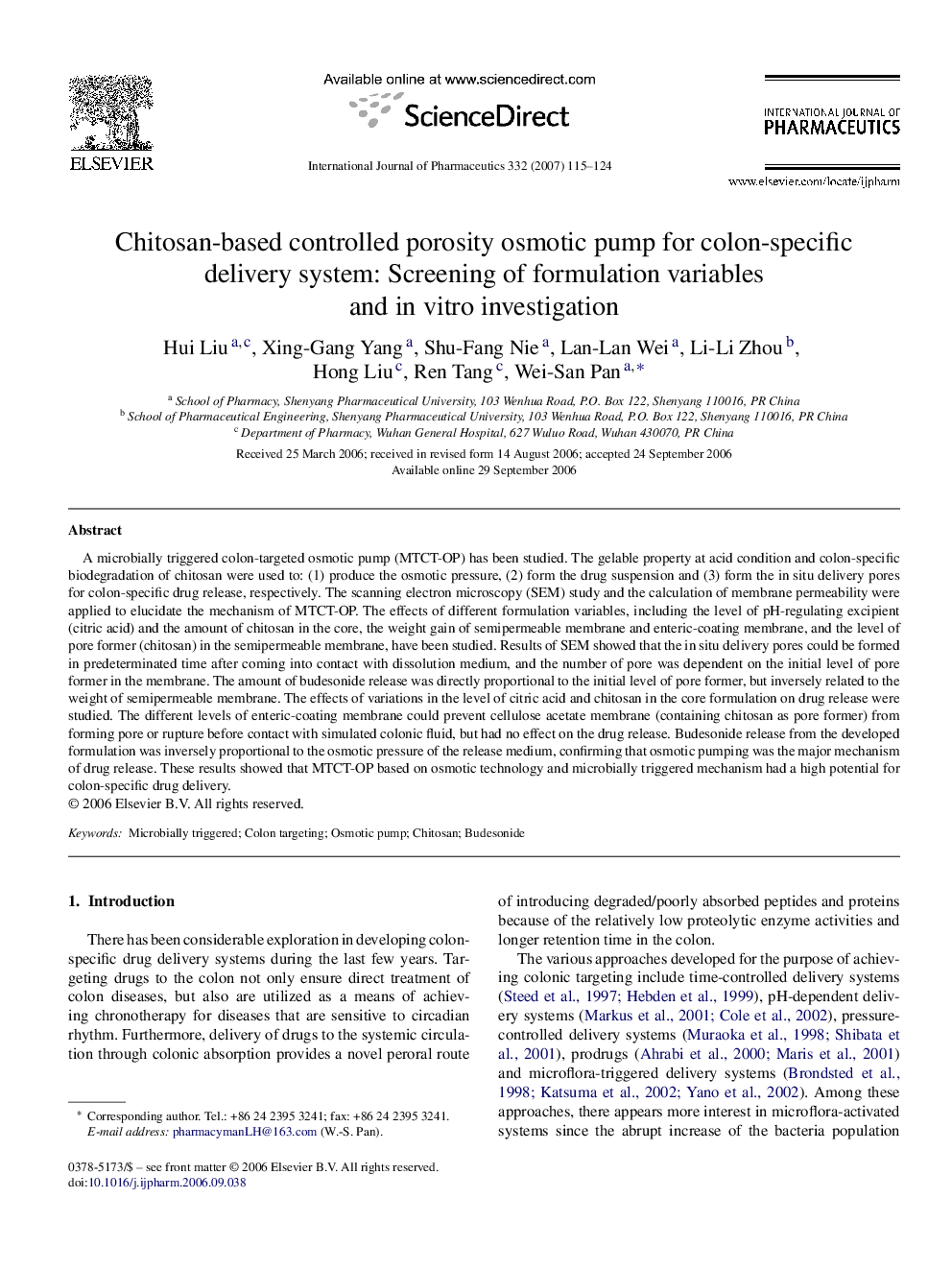 Chitosan-based controlled porosity osmotic pump for colon-specific delivery system: Screening of formulation variables and in vitro investigation