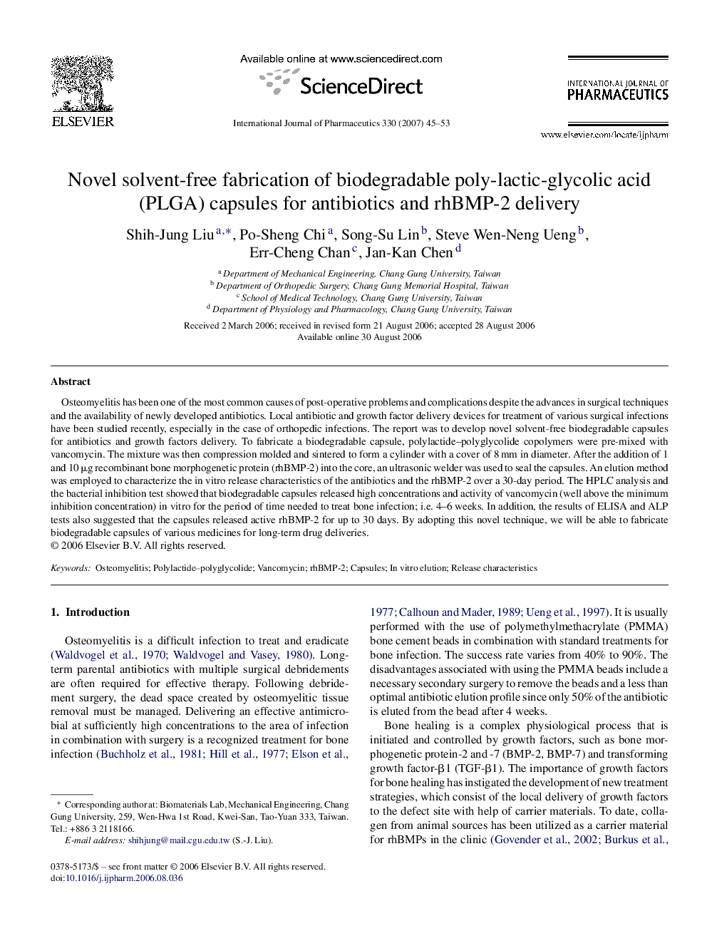 Novel solvent-free fabrication of biodegradable poly-lactic-glycolic acid (PLGA) capsules for antibiotics and rhBMP-2 delivery