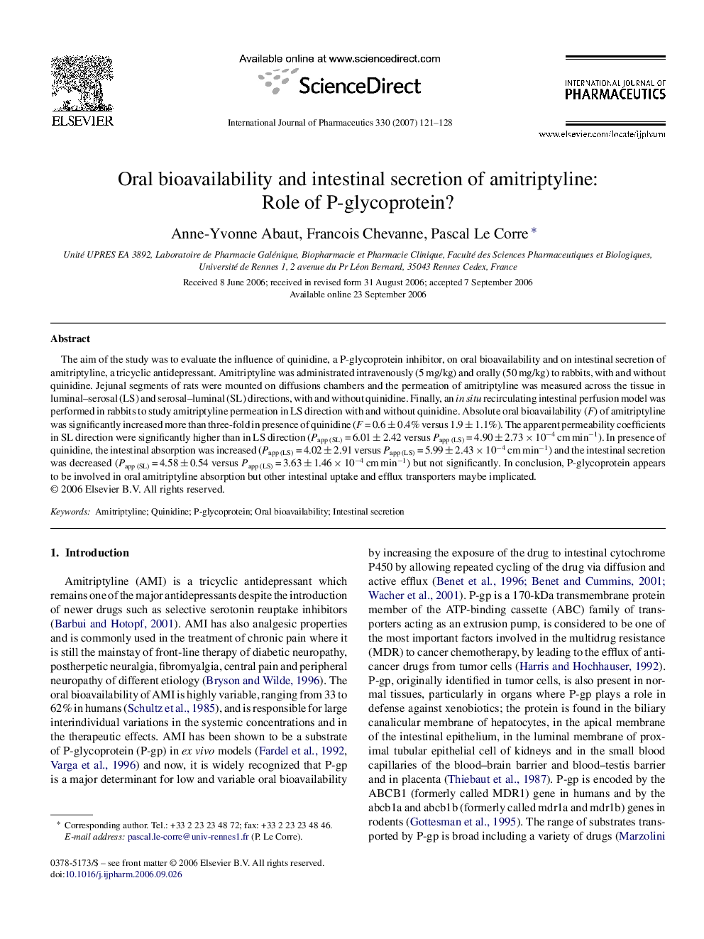 Oral bioavailability and intestinal secretion of amitriptyline: Role of P-glycoprotein?