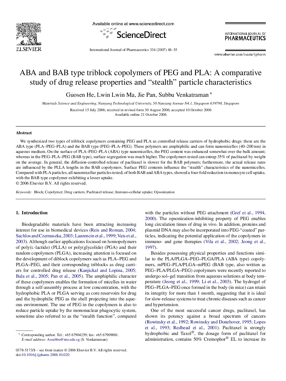 ABA and BAB type triblock copolymers of PEG and PLA: A comparative study of drug release properties and “stealth” particle characteristics