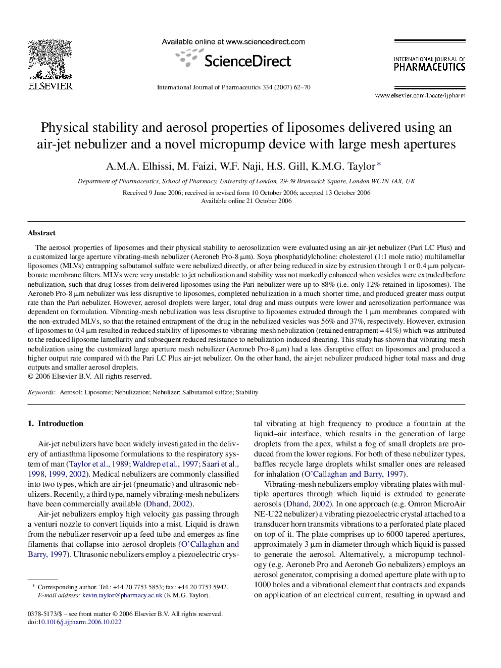 Physical stability and aerosol properties of liposomes delivered using an air-jet nebulizer and a novel micropump device with large mesh apertures