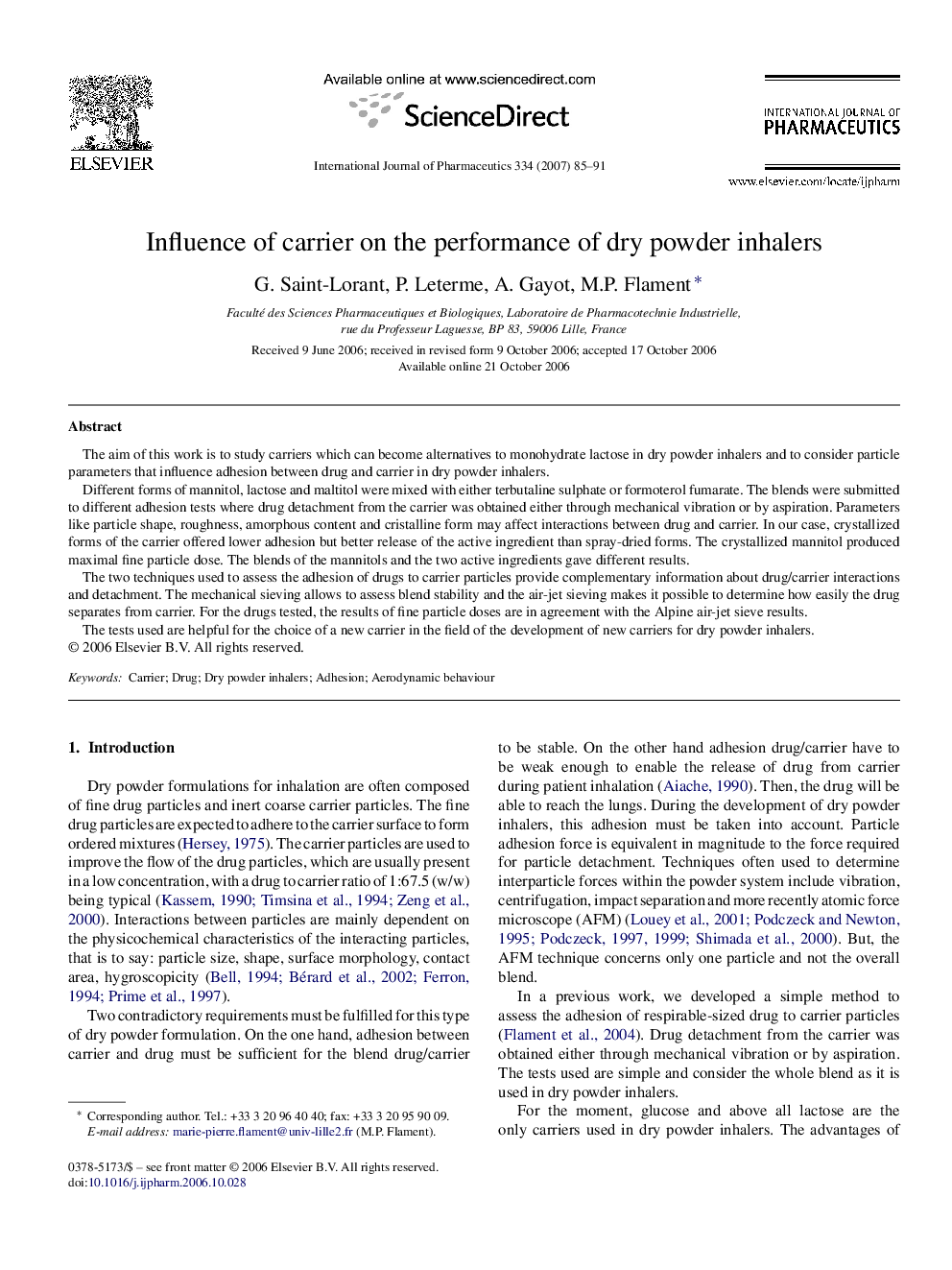 Influence of carrier on the performance of dry powder inhalers