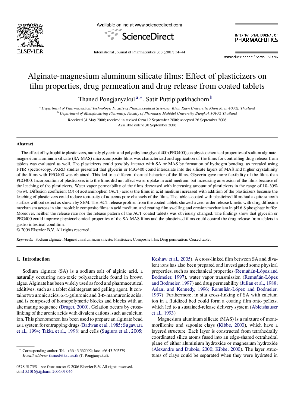 Alginate-magnesium aluminum silicate films: Effect of plasticizers on film properties, drug permeation and drug release from coated tablets