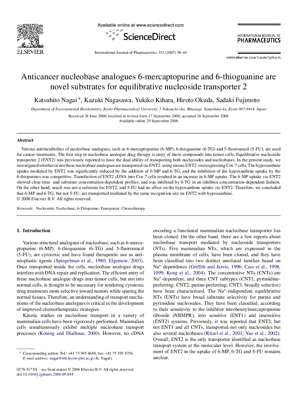 Anticancer nucleobase analogues 6-mercaptopurine and 6-thioguanine are novel substrates for equilibrative nucleoside transporter 2