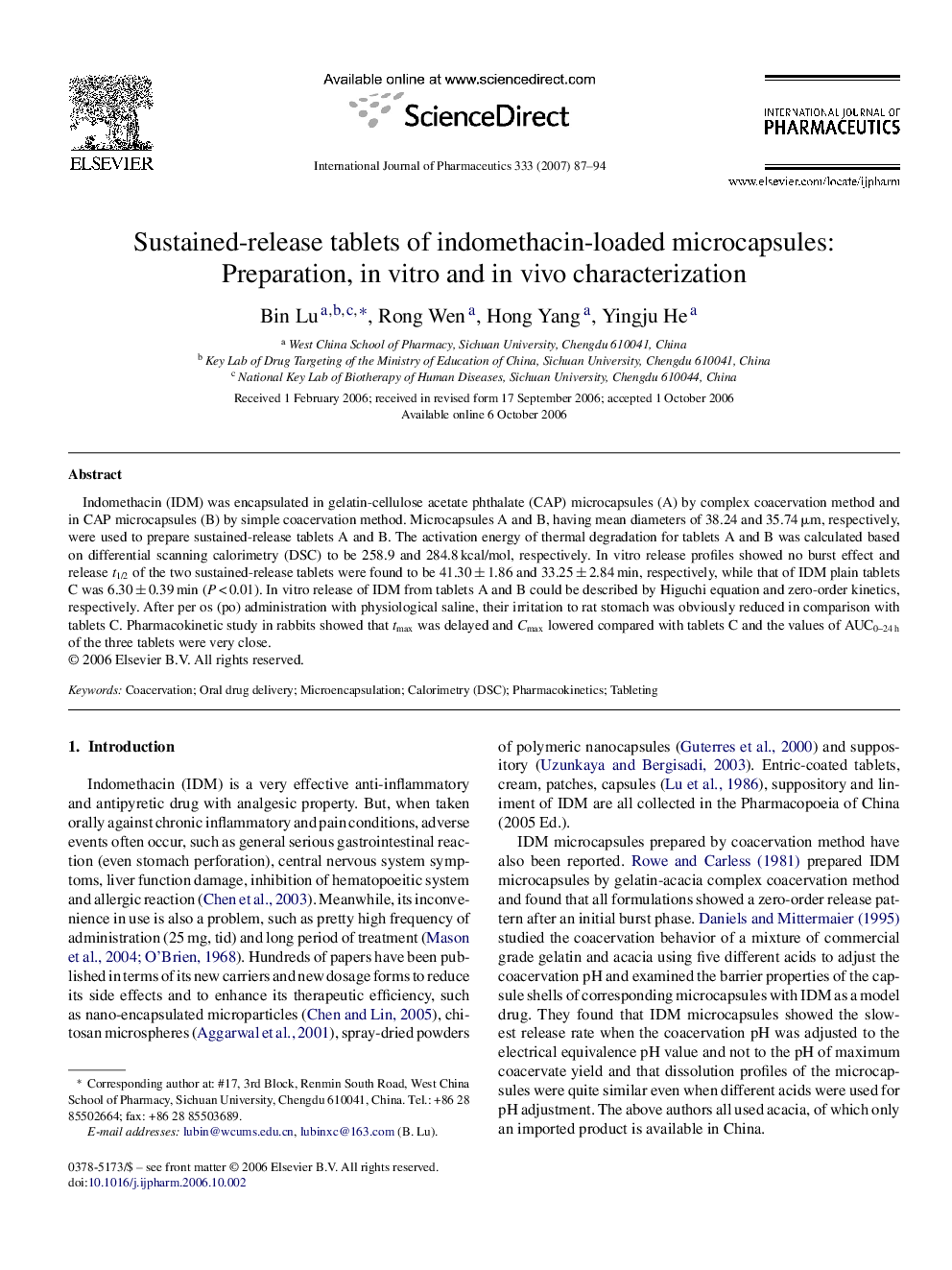 Sustained-release tablets of indomethacin-loaded microcapsules: Preparation, in vitro and in vivo characterization