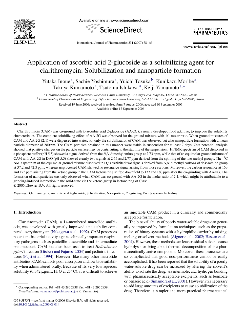 Application of ascorbic acid 2-glucoside as a solubilizing agent for clarithromycin: Solubilization and nanoparticle formation