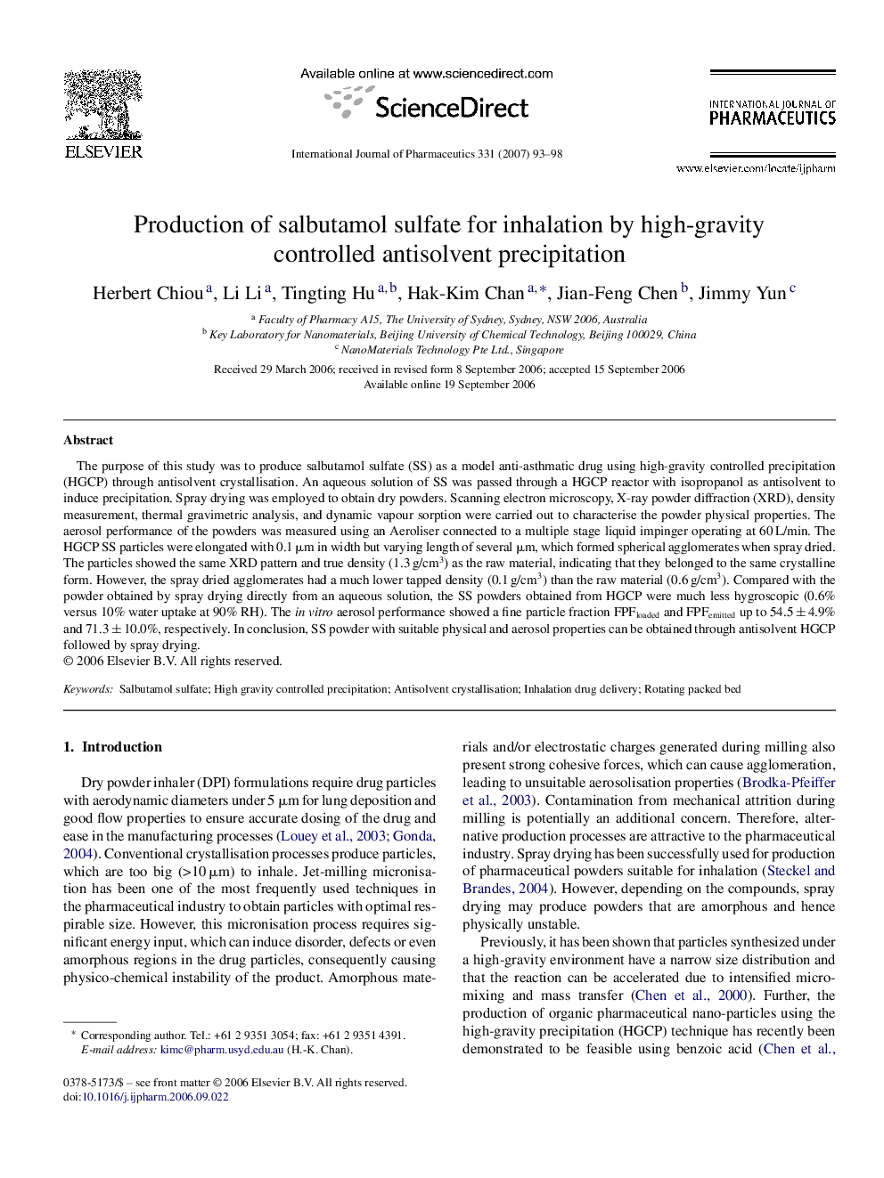 Production of salbutamol sulfate for inhalation by high-gravity controlled antisolvent precipitation