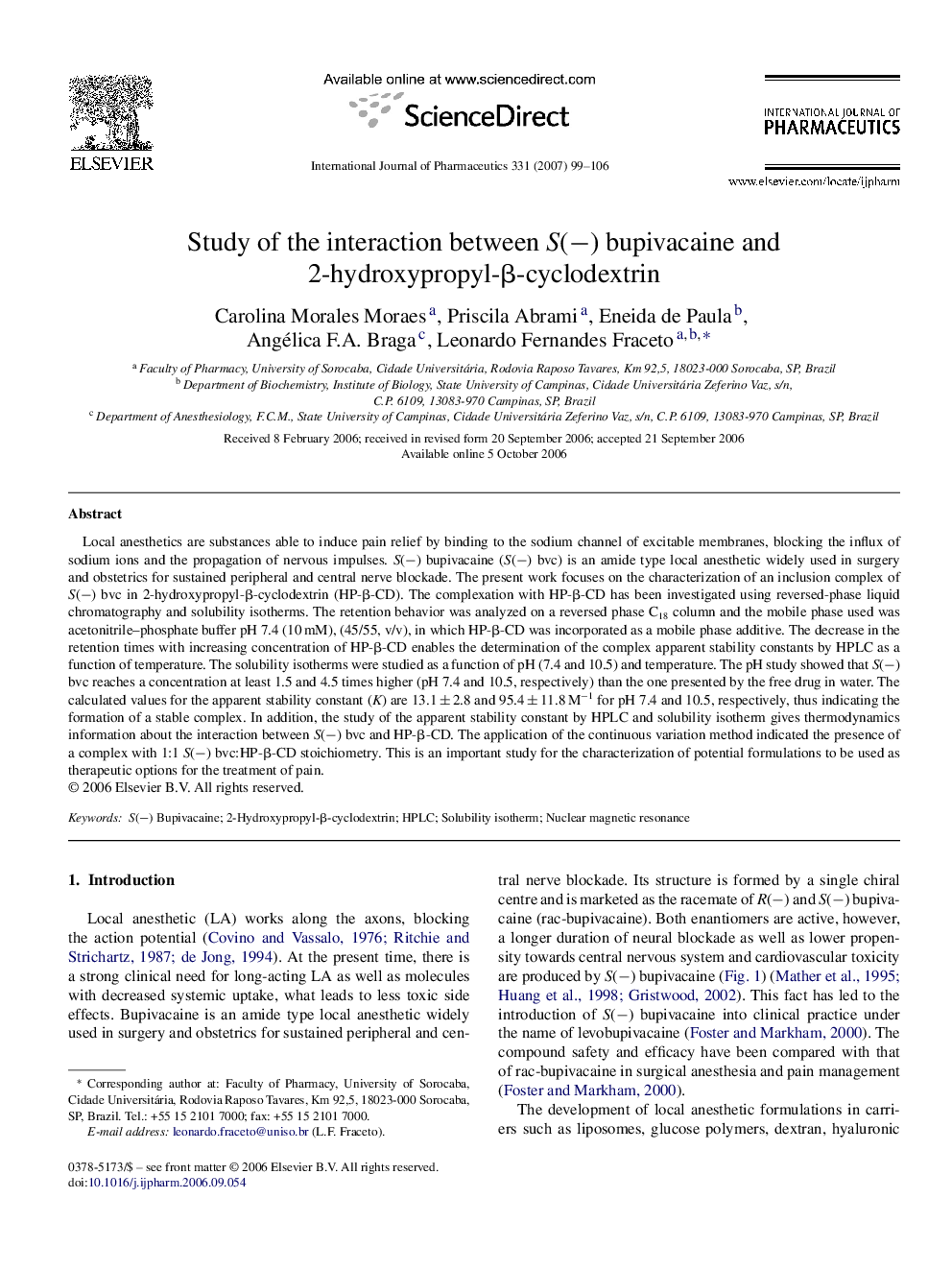 Study of the interaction between S(−) bupivacaine and 2-hydroxypropyl-β-cyclodextrin