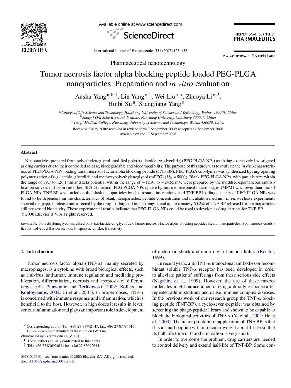 Tumor necrosis factor alpha blocking peptide loaded PEG-PLGA nanoparticles: Preparation and in vitro evaluation