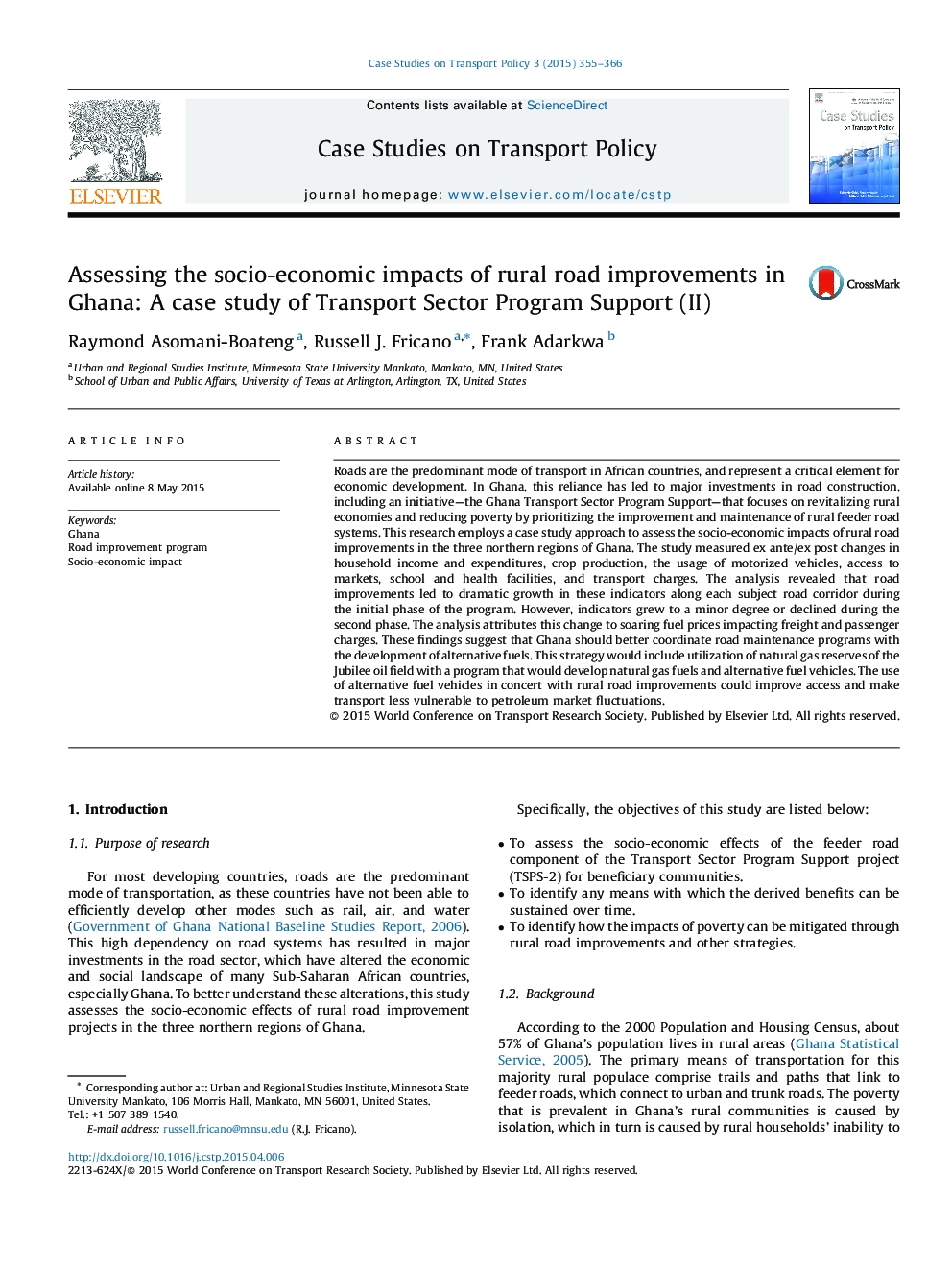 Assessing the socio-economic impacts of rural road improvements in Ghana: A case study of Transport Sector Program Support (II)